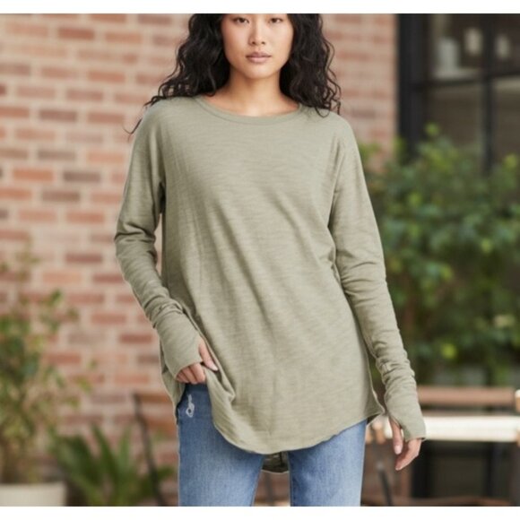 Free People Army Green Long Sleeve Slouchy Arden Tee Layering Oversized Casual - Picture 1 of 15